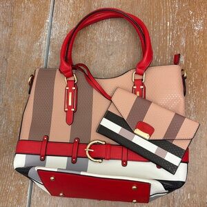 Malibu Skye Red, Black, Tan, Gray Vegan Leather Purse & Wristlet Set.